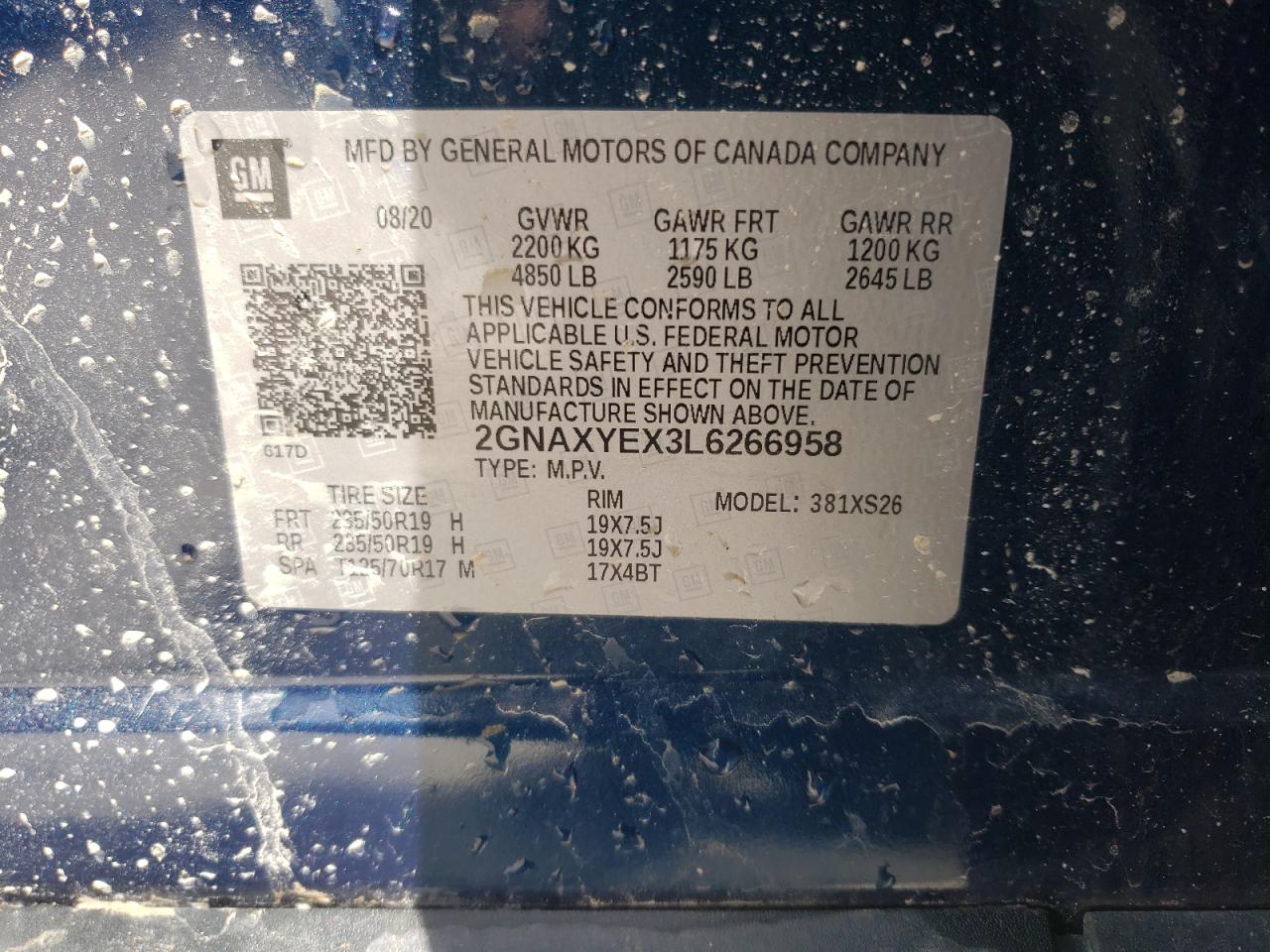 Photo 10 from auction – 2020 CHEVROLET EQUINOX PR with VIN 2GNAXYEX3L6266958