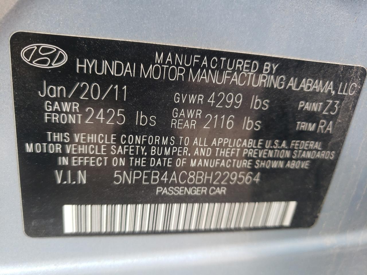 Photo 10 from auction – 2011 HYUNDAI SONATA GLS with VIN 5NPEB4AC8BH229564