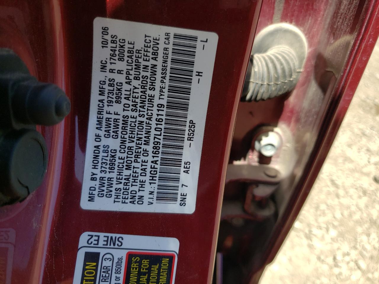 Photo 10 from auction – 2007 HONDA CIVIC EX with VIN 1HGFA16897L016119