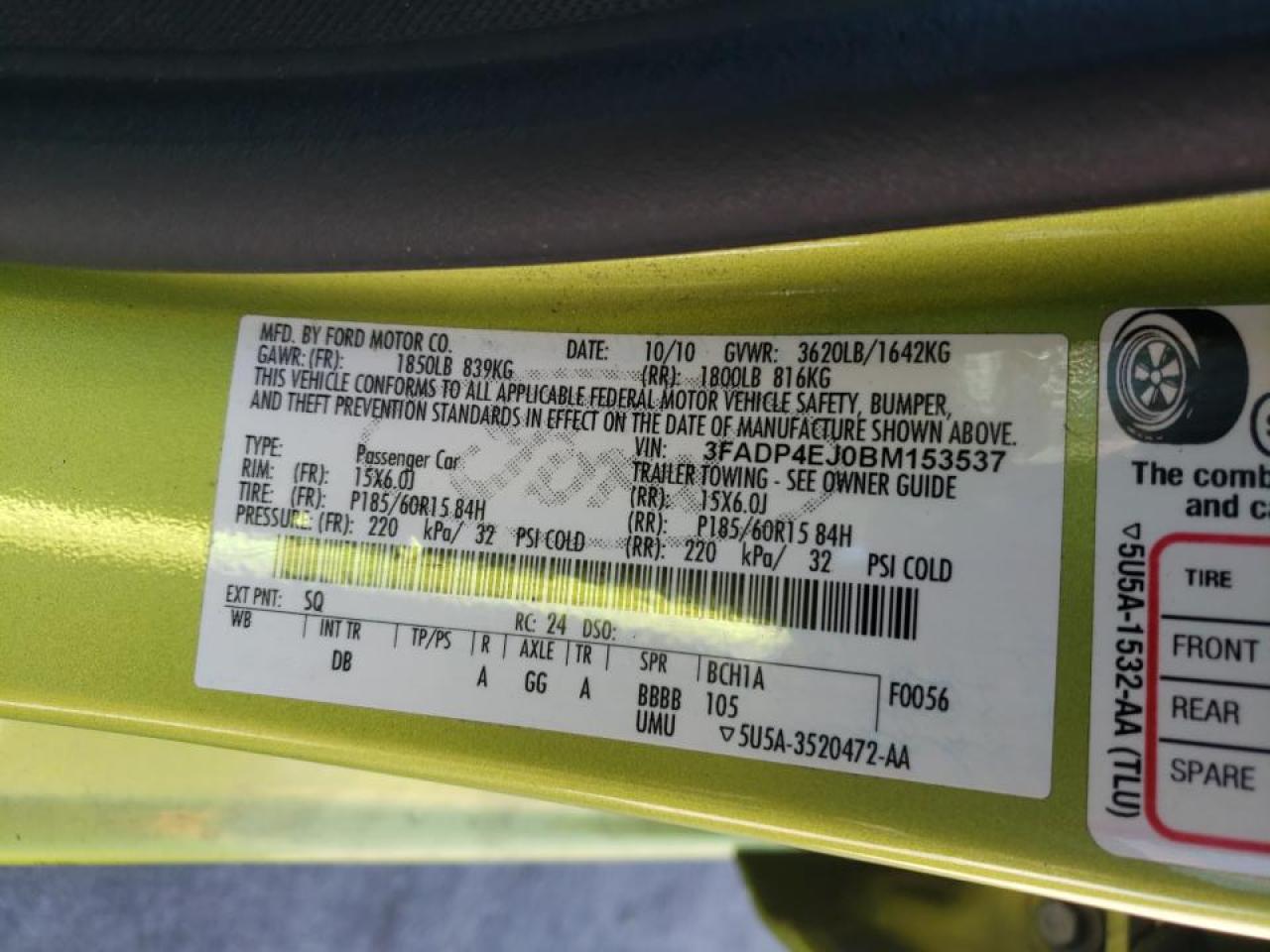 Photo 10 from auction – 2011 FORD FIESTA SE with VIN 3FADP4EJ0BM153537