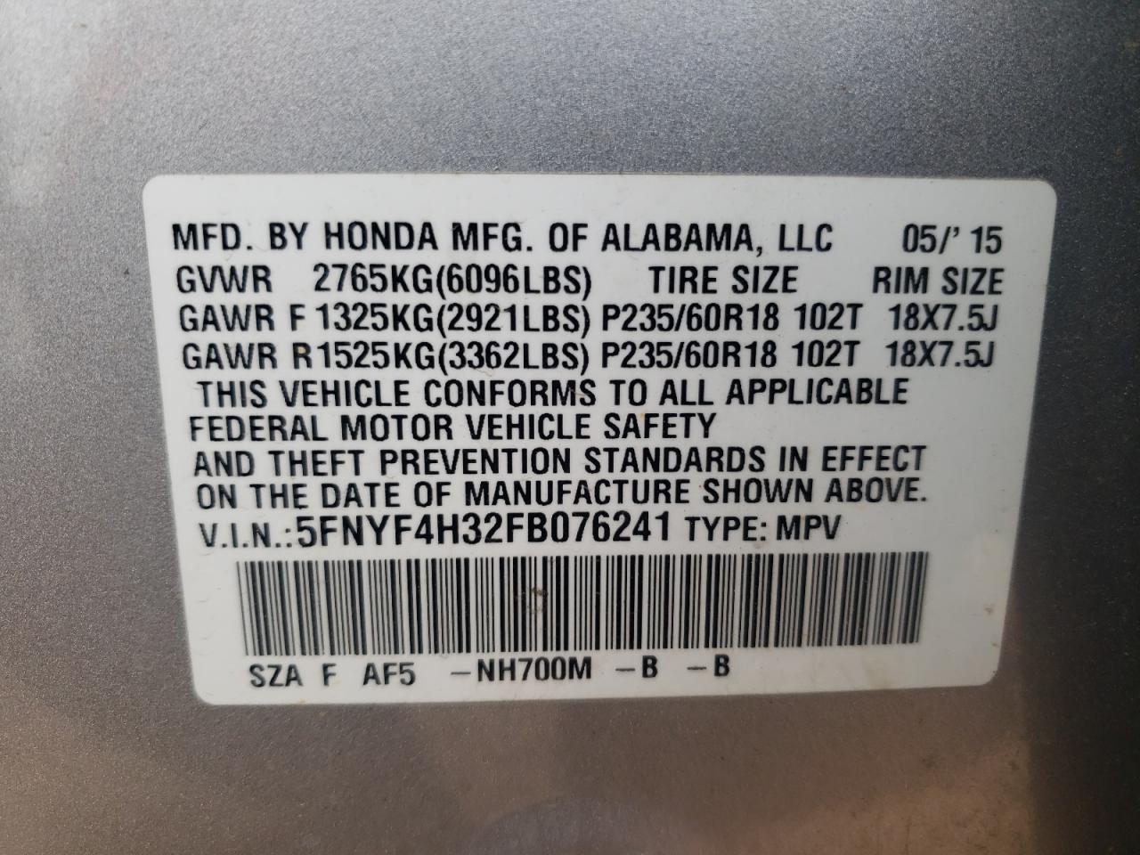 Photo 10 from auction – 2015 HONDA PILOT SE with VIN 5FNYF4H32FB076241