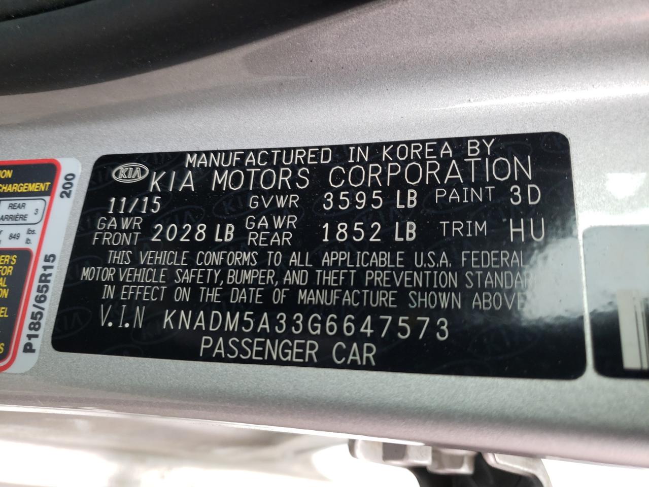 Photo 10 from auction – 2016 KIA RIO LX with VIN KNADM5A33G6647573