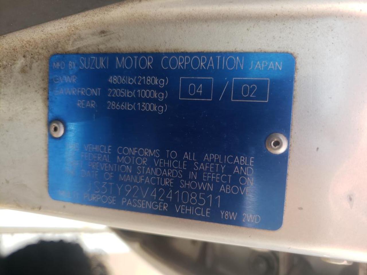 Photo 10 from auction – 2002 SUZUKI XL7 PLUS with VIN JS3TY92V424108511