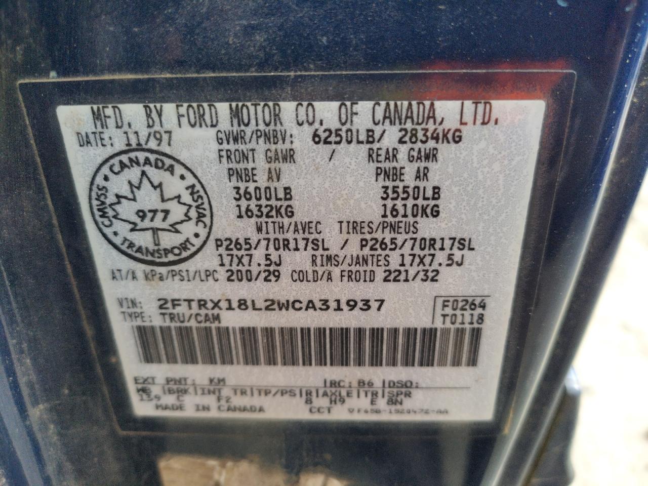 Photo 10 from auction – 1998 FORD F150 with VIN 2FTRX18L2WCA31937