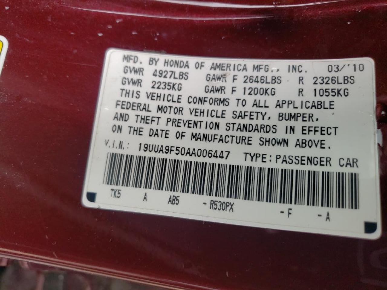 Photo 10 from auction – 2010 ACURA TL with VIN 19UUA9F50AA006447