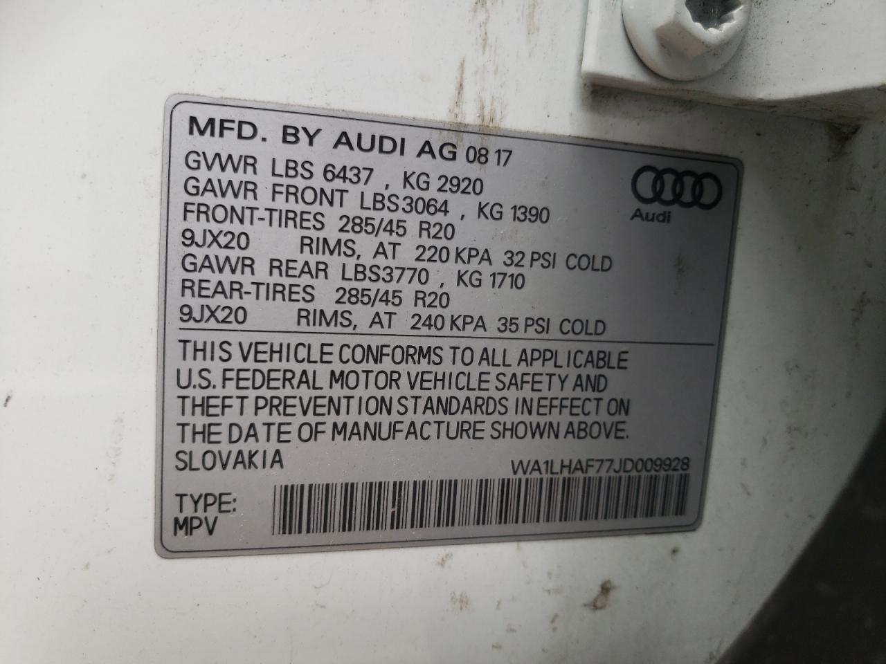 Photo 10 from auction – 2018 AUDI Q7 PREMIUM with VIN WA1LHAF77JD009928
