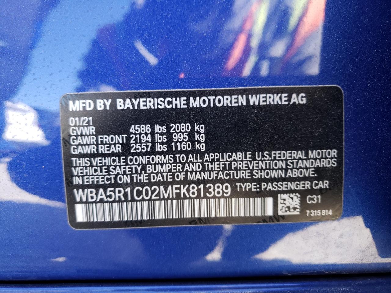 Photo 10 from auction – 2021 BMW 330I with VIN WBA5R1C02MFK81389
