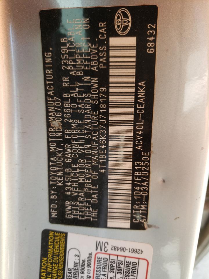 Photo 10 from auction – 2007 TOYOTA CAMRY CE with VIN 4T1BE46K37U718179
