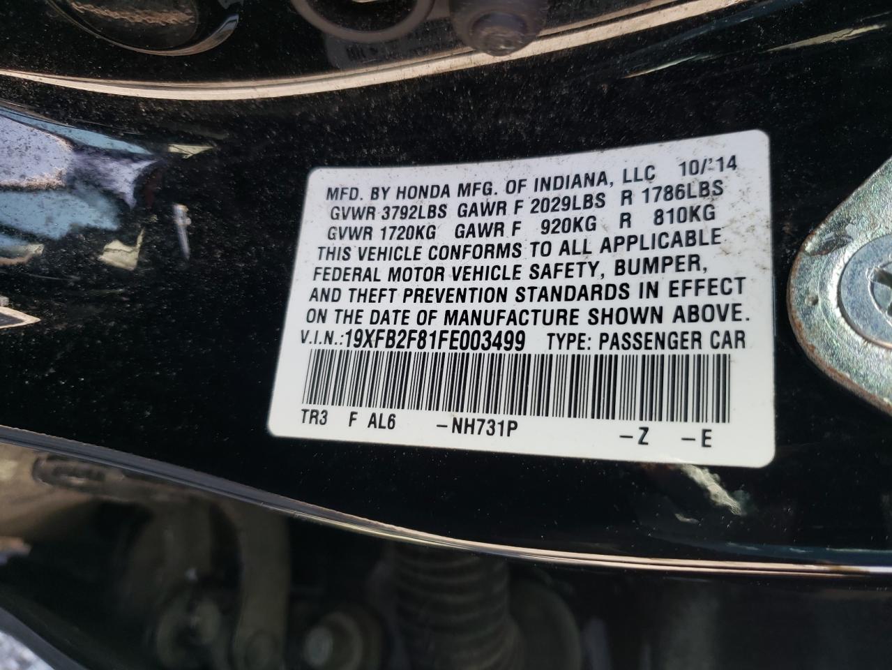 Zdjęcie 10 z aukcji – 2015 HONDA CIVIC EX z VIN 19XFB2F81FE003499