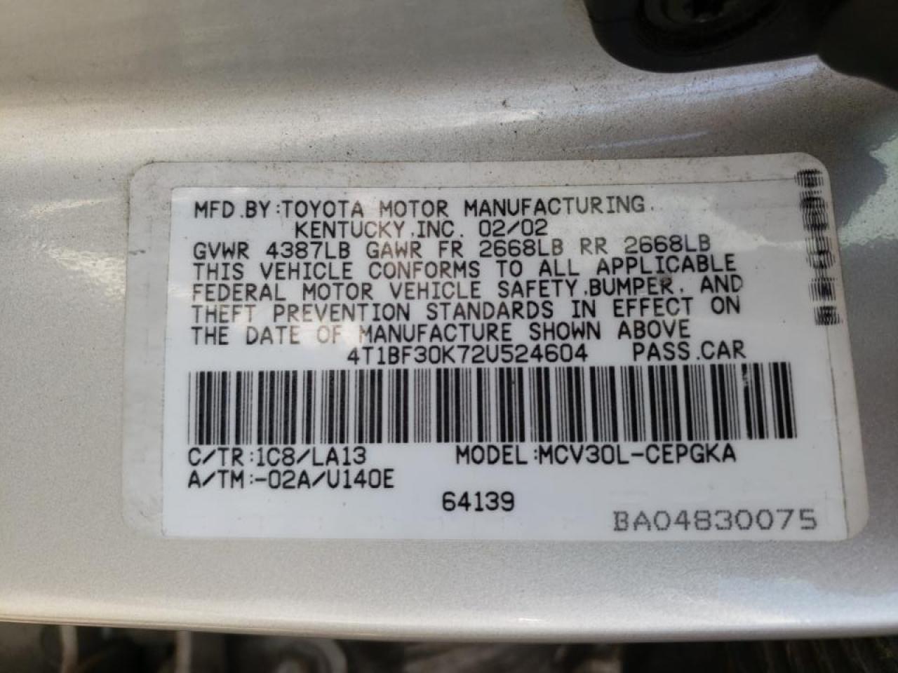 Photo 10 from auction – 2002 TOYOTA CAMRY with VIN 4T1BF30K72U524604