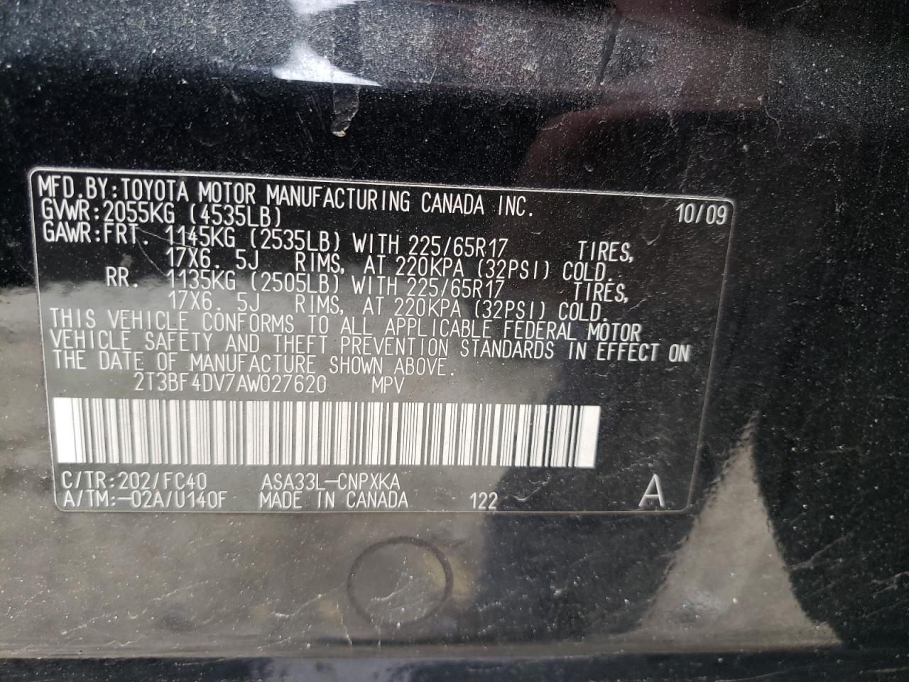 Foto 10 de la subasta – 2010 TOYOTA RAV4 con VIN 2T3BF4DV7AW027620