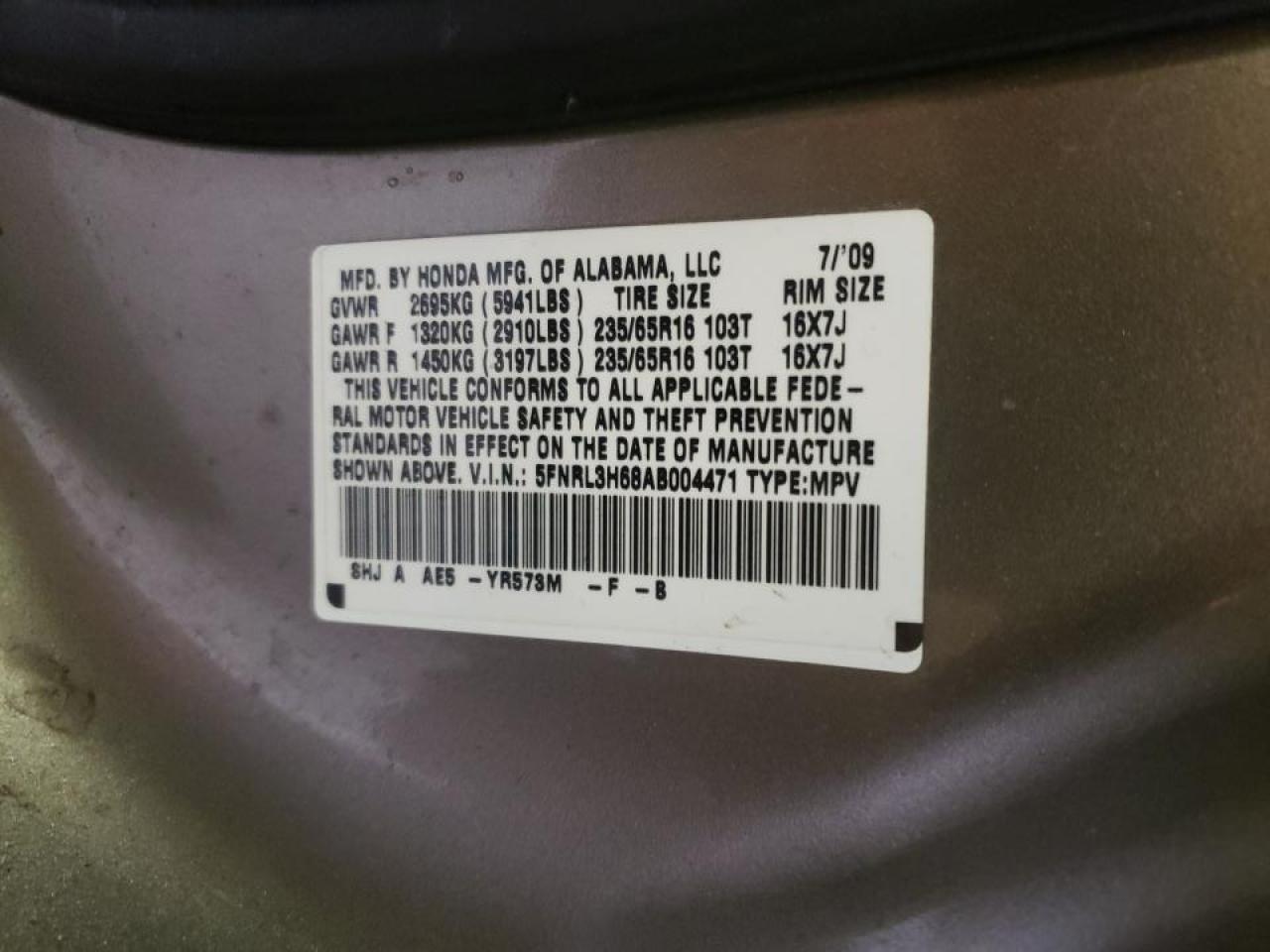 Photo 10 from auction – 2010 HONDA ODYSSEY VA with VIN 5FNRL3H68AB004471