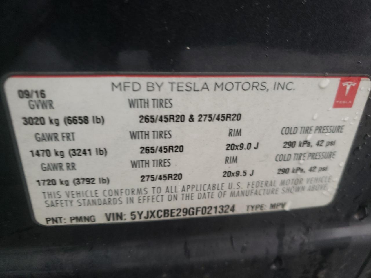 Photo 10 from auction – 2016 TESLA MODEL X with VIN 5YJXCBE29GF021324