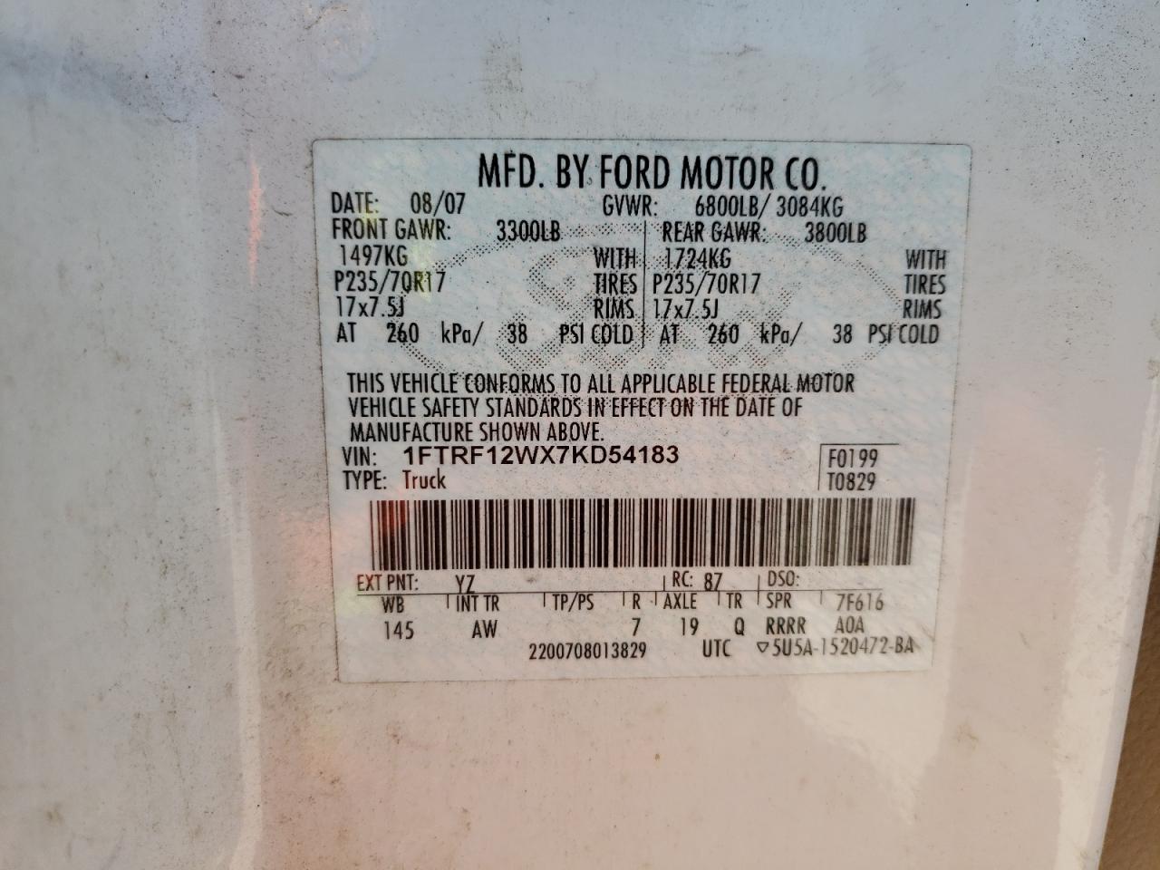 Photo 10 from auction – 2007 FORD F150 with VIN 1FTRF12WX7KD54183