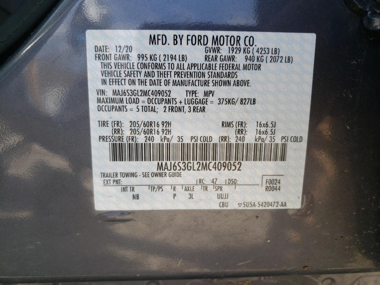 Photo 10 from auction – 2021 FORD ECOSPORT S with VIN MAJ6S3GL2MC409052