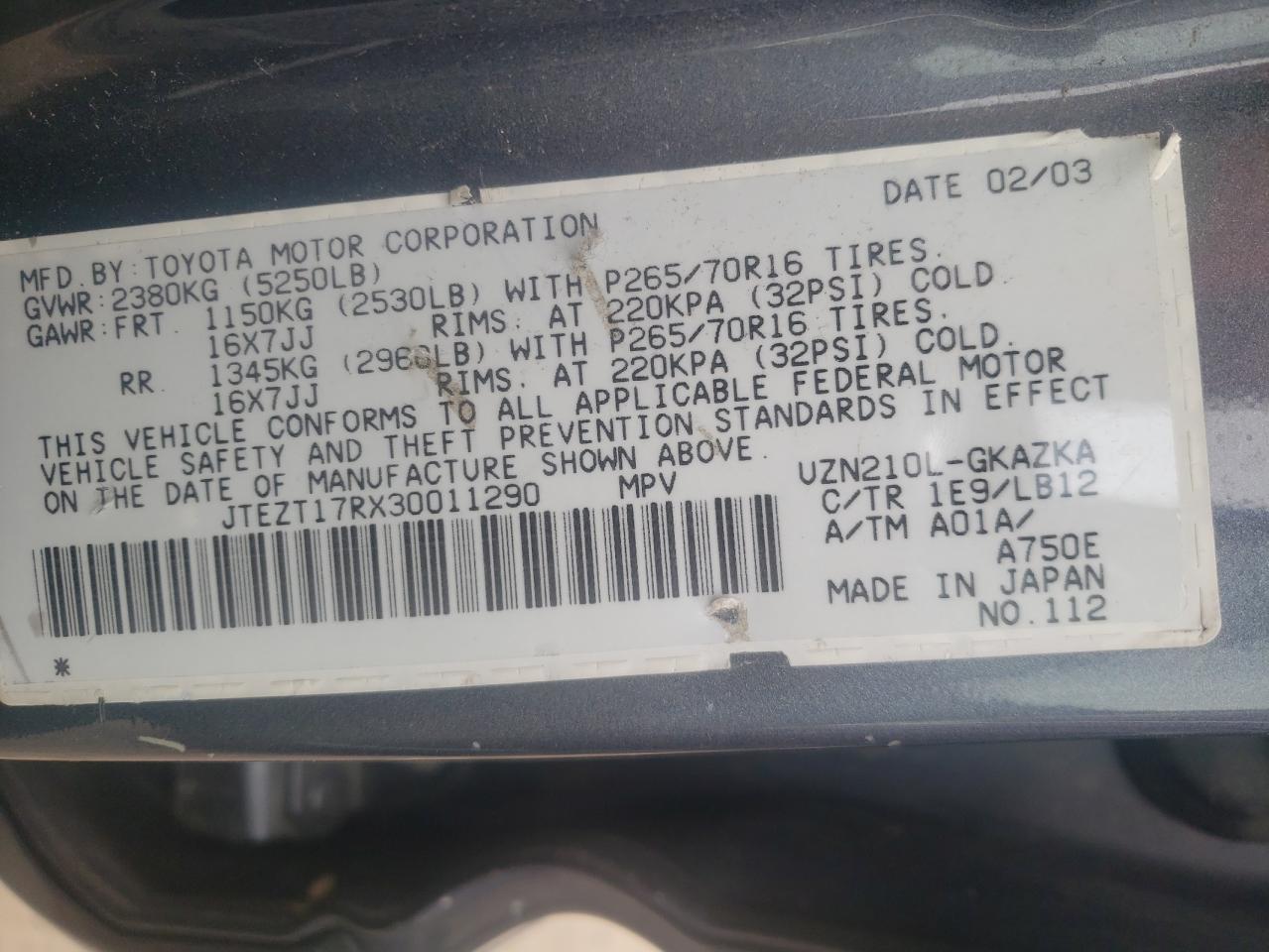Photo 10 from auction – 2003 TOYOTA 4RUNNER LI with VIN JTEZT17RX30011290