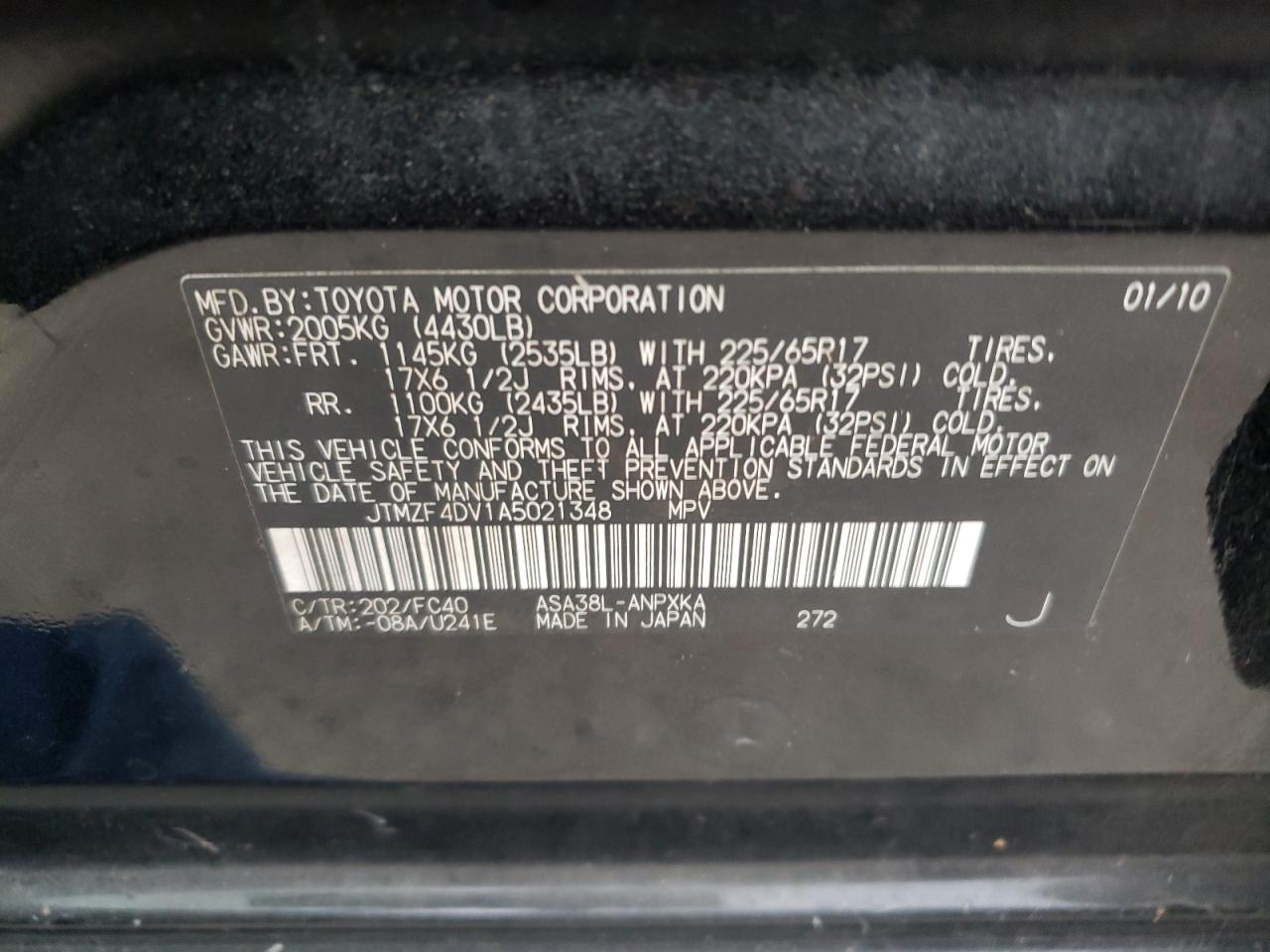 Photo 10 from auction – 2010 TOYOTA RAV4 with VIN JTMZF4DV1A5021348
