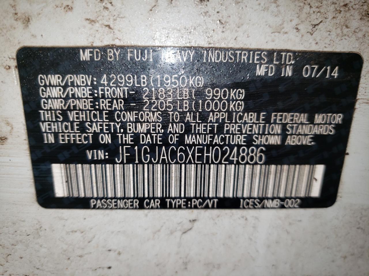 Foto 10 de la subasta – 2014 SUBARU IMPREZA PR con VIN JF1GJAC6XEH024886