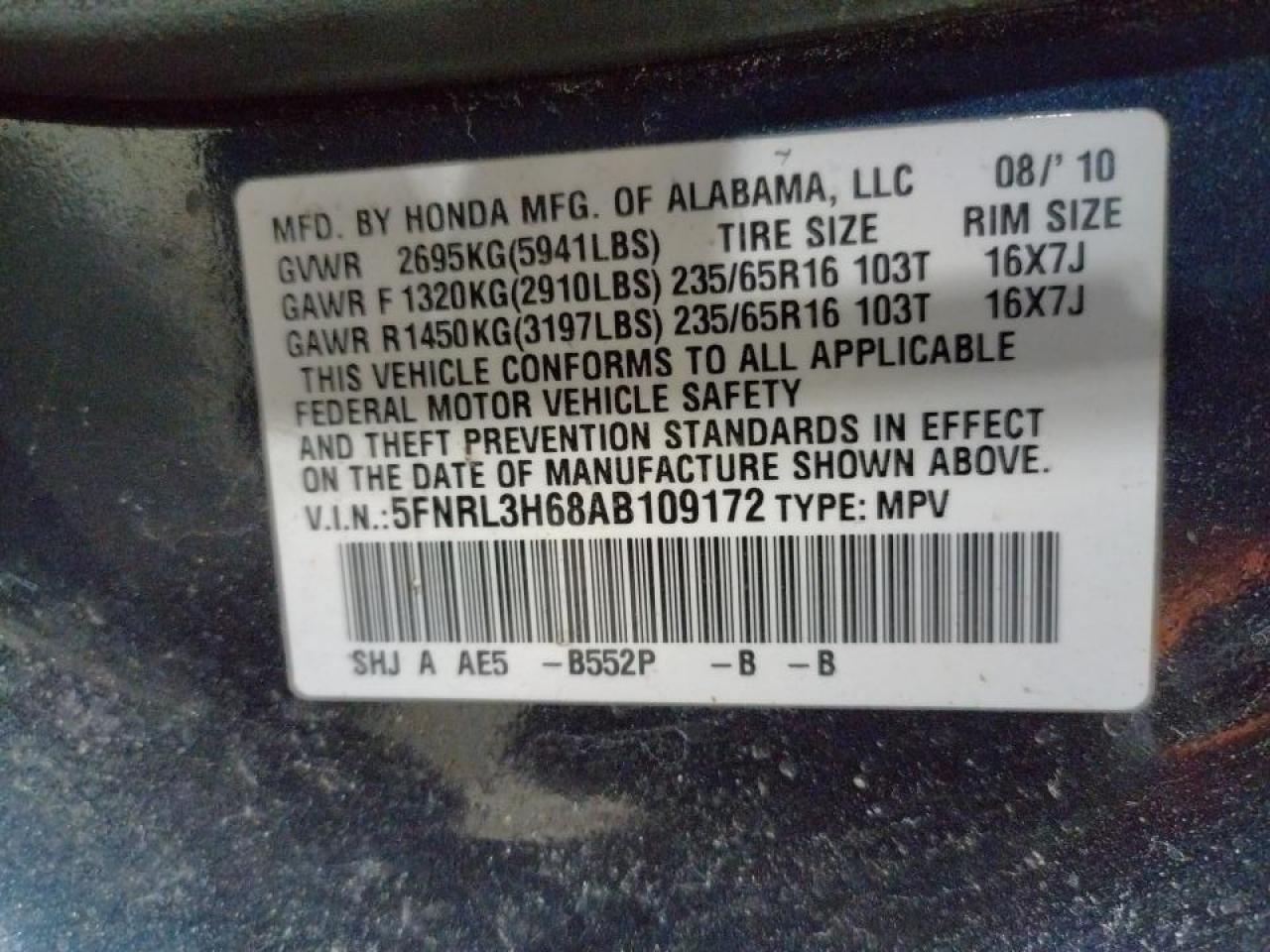 Photo 10 from auction – 2010 HONDA ODYSSEY EX with VIN 5FNRL3H68AB109172