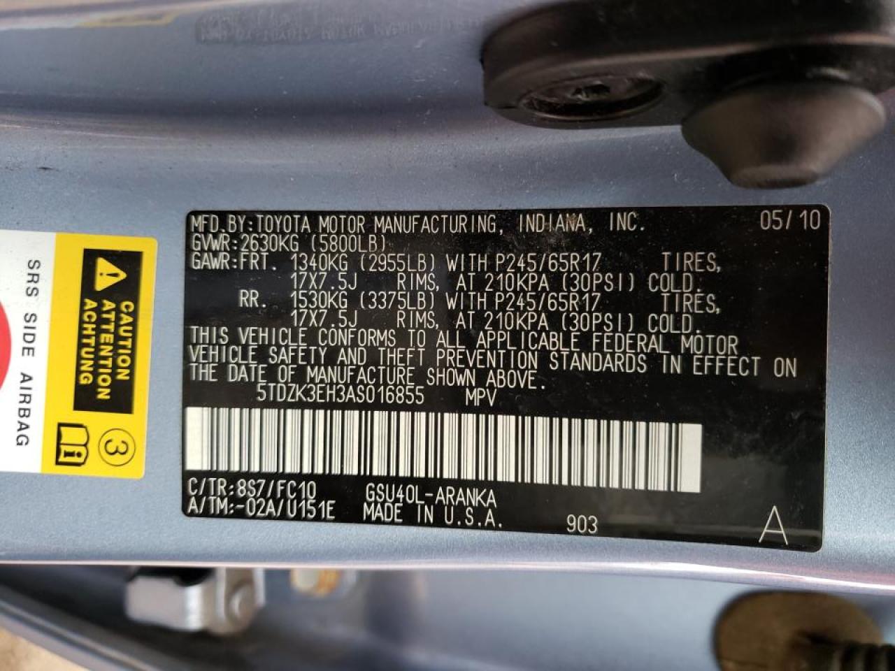 Photo 10 from auction – 2010 TOYOTA HIGHLANDER with VIN 5TDZK3EH3AS016855