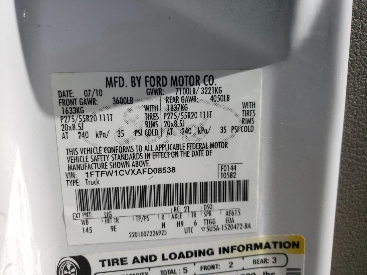 Photo 10 from auction – 2010 FORD F150 SUPER with VIN 1FTFW1CVXAFD08538