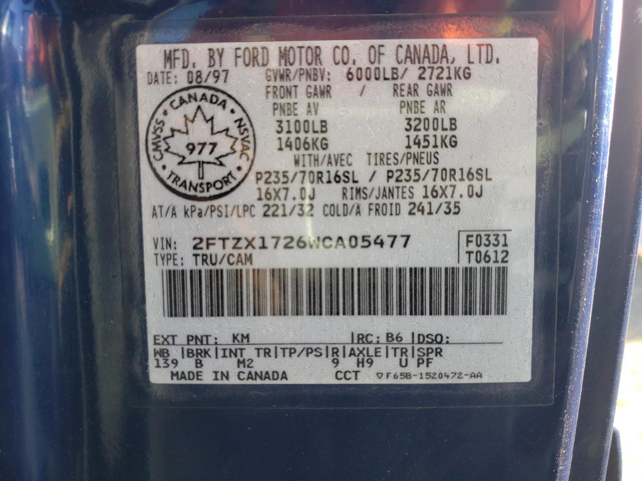 Photo 10 from auction – 1998 FORD F150 with VIN 2FTZX1726WCA05477