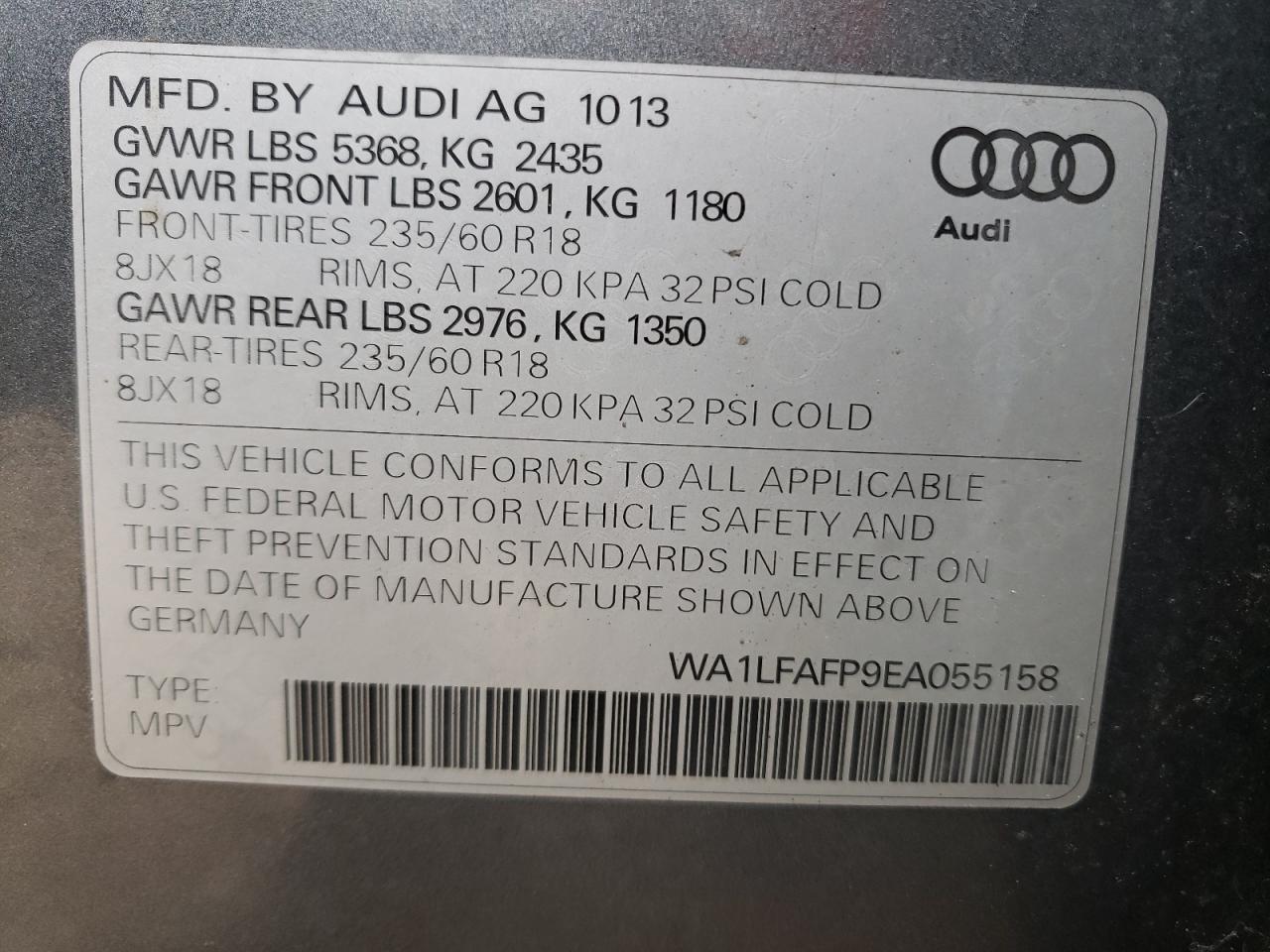 Photo 10 from auction – 2014 AUDI Q5 with VIN WA1LFAFP9EA055158