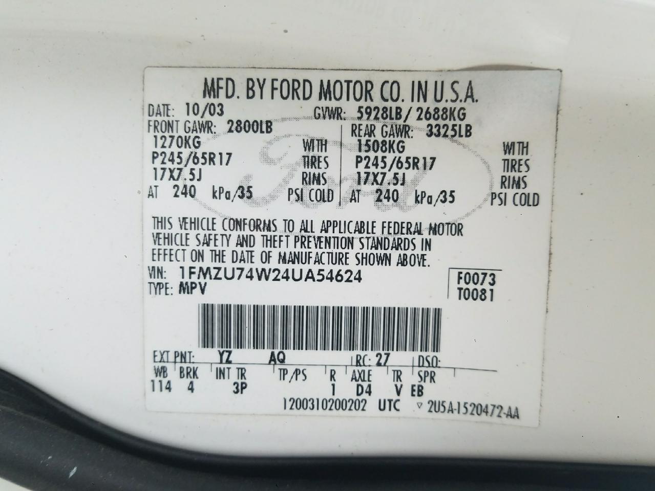Photo 10 from auction – 2004 FORD EXPLORER E with VIN 1FMZU74W24UA54624