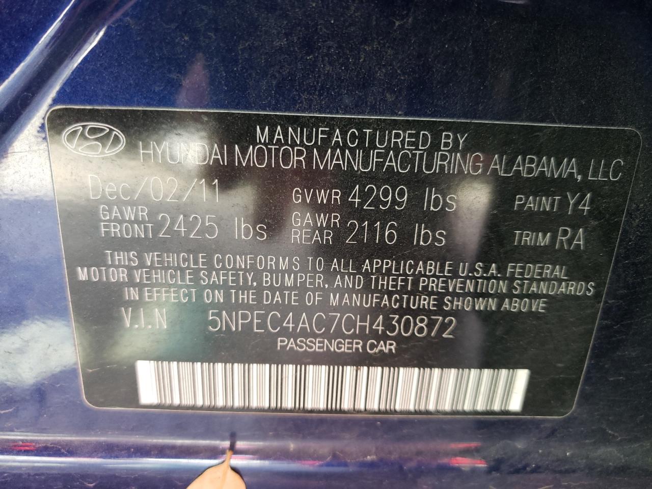 Photo 10 from auction – 2012 HYUNDAI SONATA SE with VIN 5NPEC4AC7CH430872