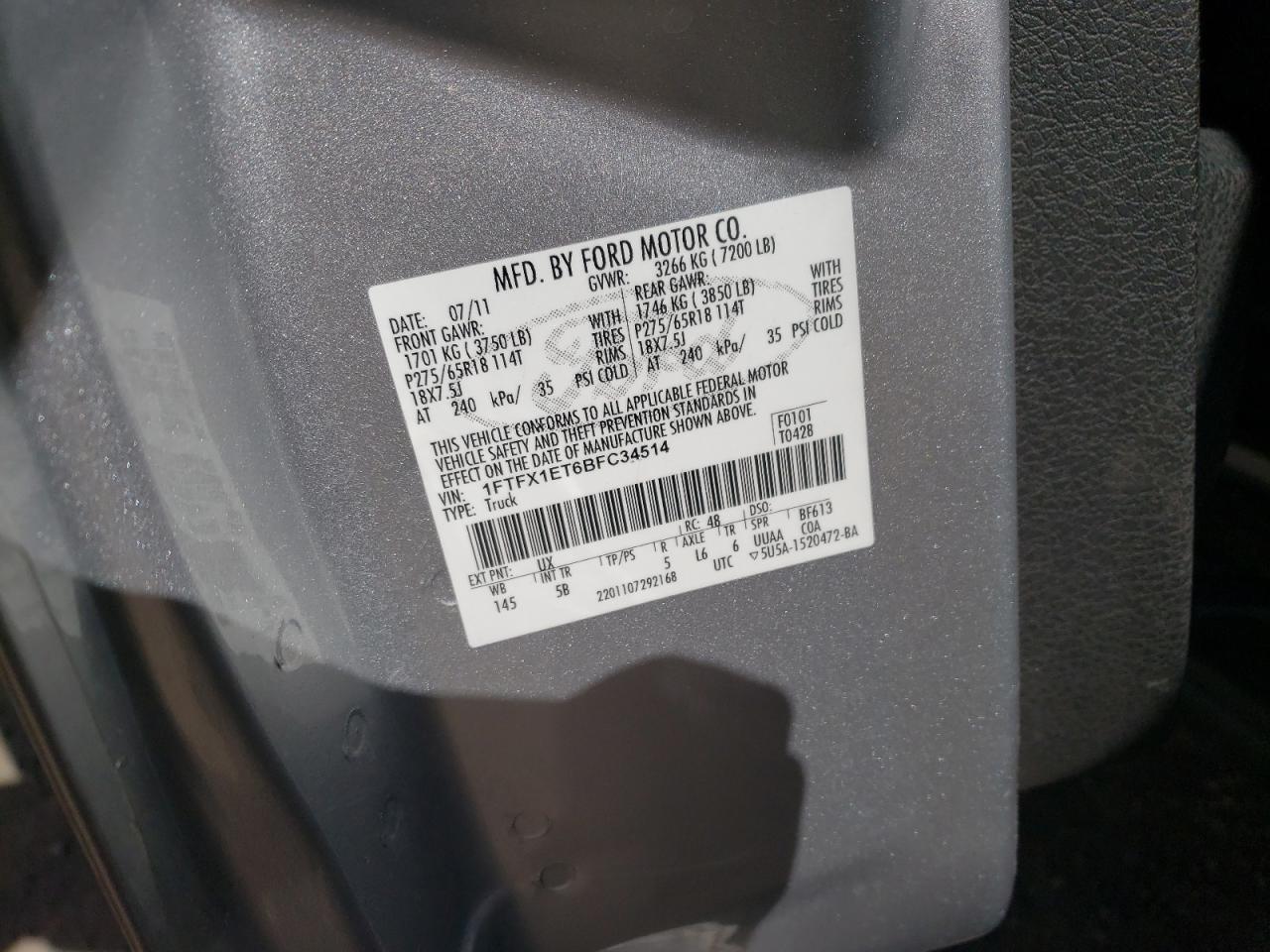 Photo 10 from auction – 2011 FORD F150 SUPER with VIN 1FTFX1ET6BFC34514