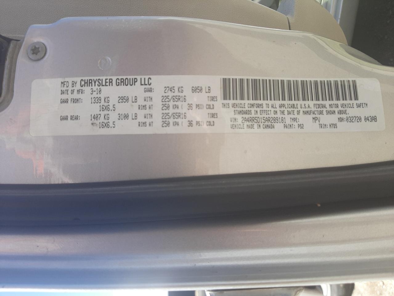 Photo 10 from auction – 2010 CHRYSLER TOWN & COU with VIN 2A4RR5D15AR289181