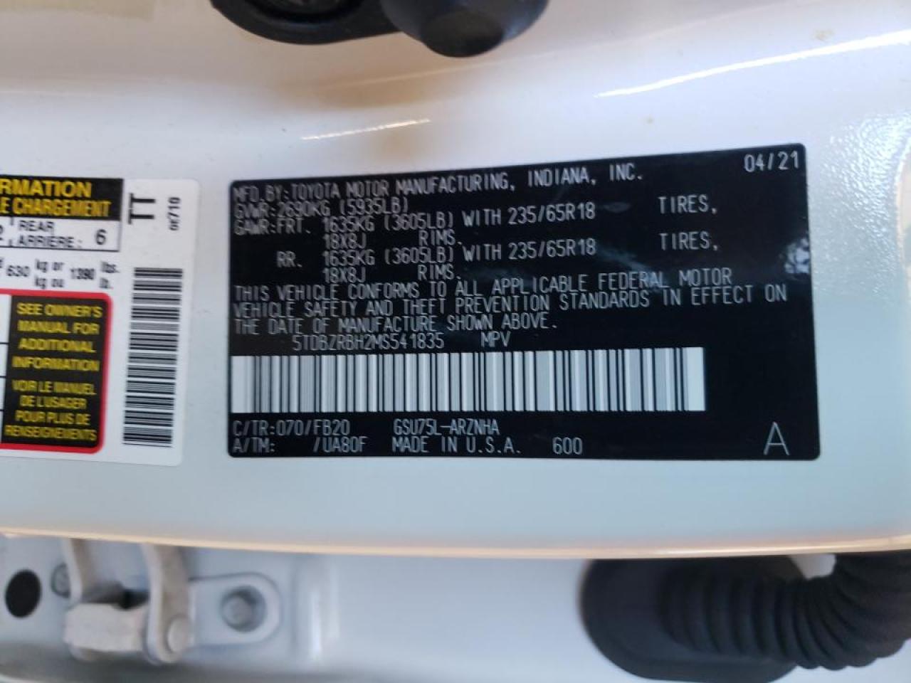 Photo 10 from auction – 2021 TOYOTA HIGHLANDER with VIN 5TDBZRBH2MS541835