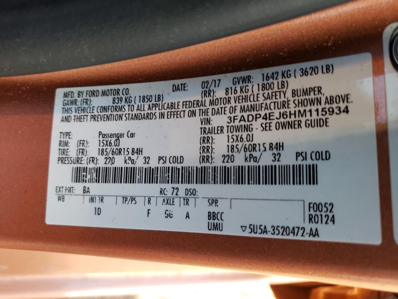Photo 10 from auction – 2017 FORD FIESTA SE with VIN 3FADP4EJ6HM115934