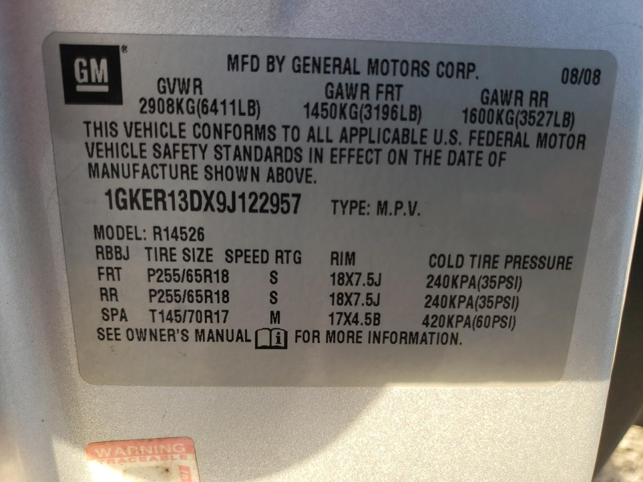 Photo 10 from auction – 2009 GMC ACADIA SLE with VIN 1GKER13DX9J122957
