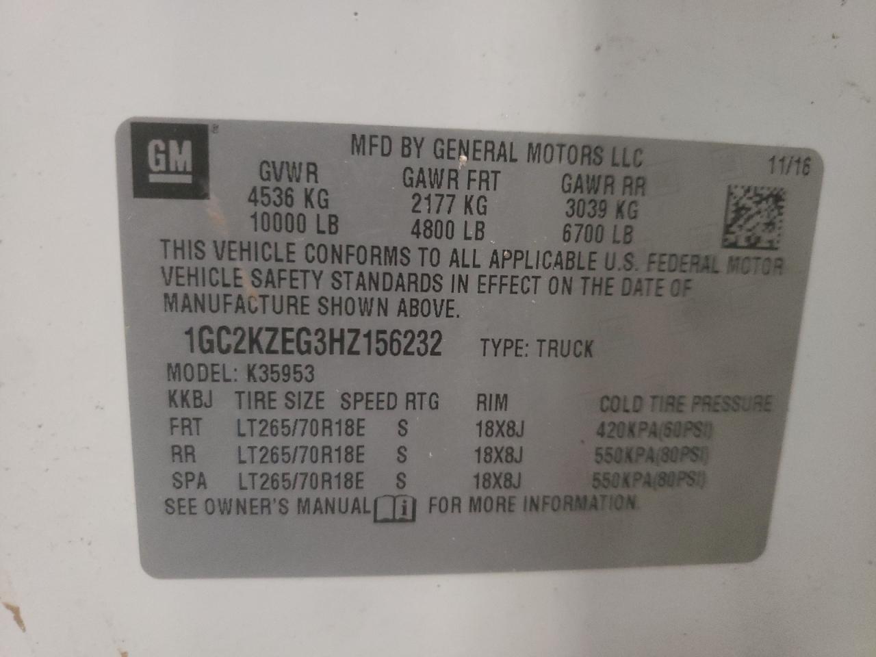 Photo 10 from auction – 2017 CHEVROLET SILVERADO with VIN 1GC2KZEG3HZ156232