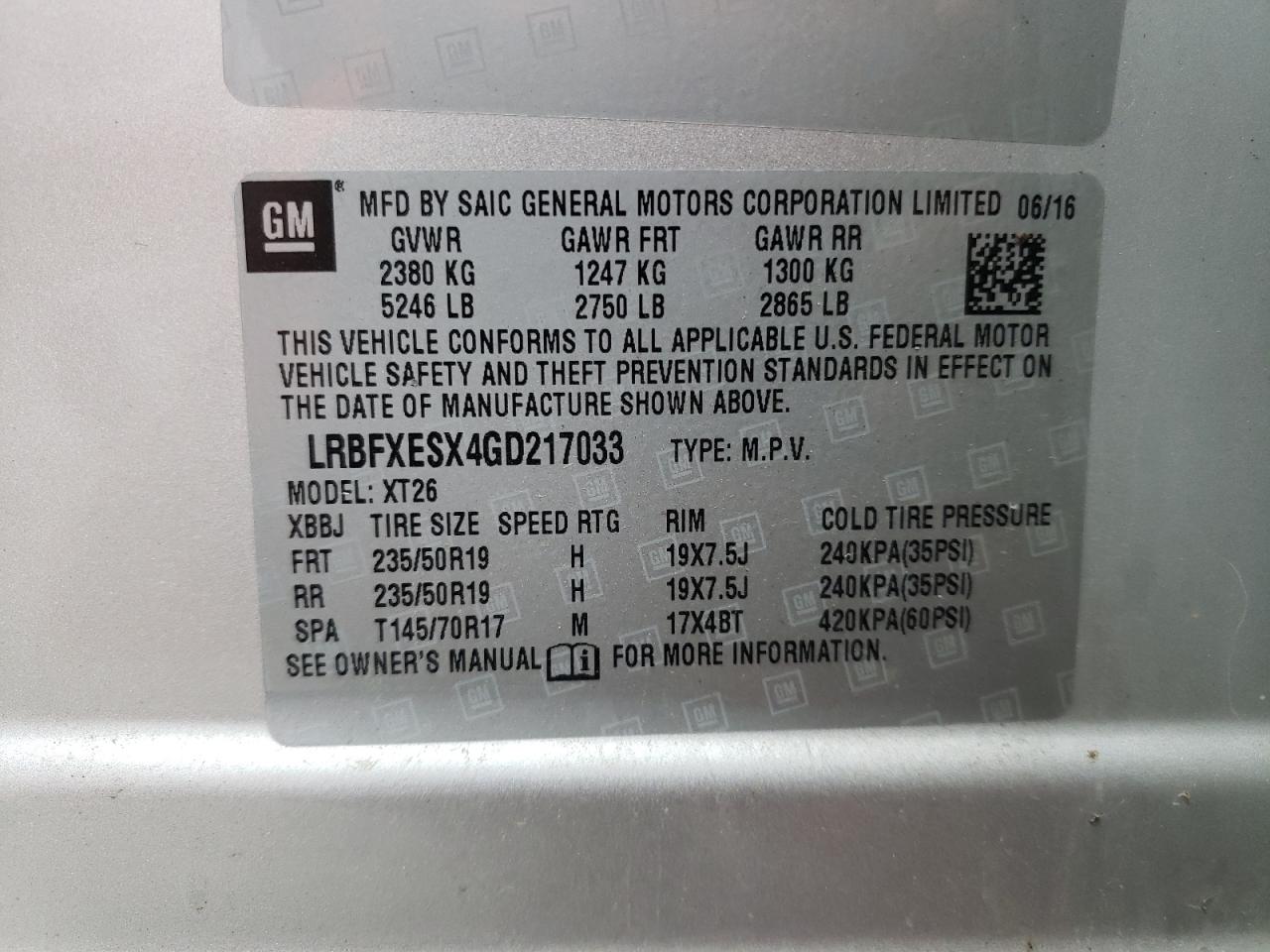 Photo 10 from auction – 2016 BUICK ENVISION P with VIN LRBFXESX4GD217033