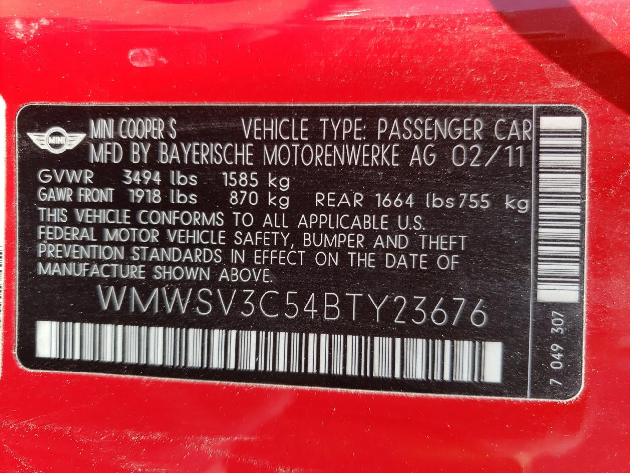Photo 10 from auction – 2011 MINI COOPER S with VIN WMWSV3C54BTY23676