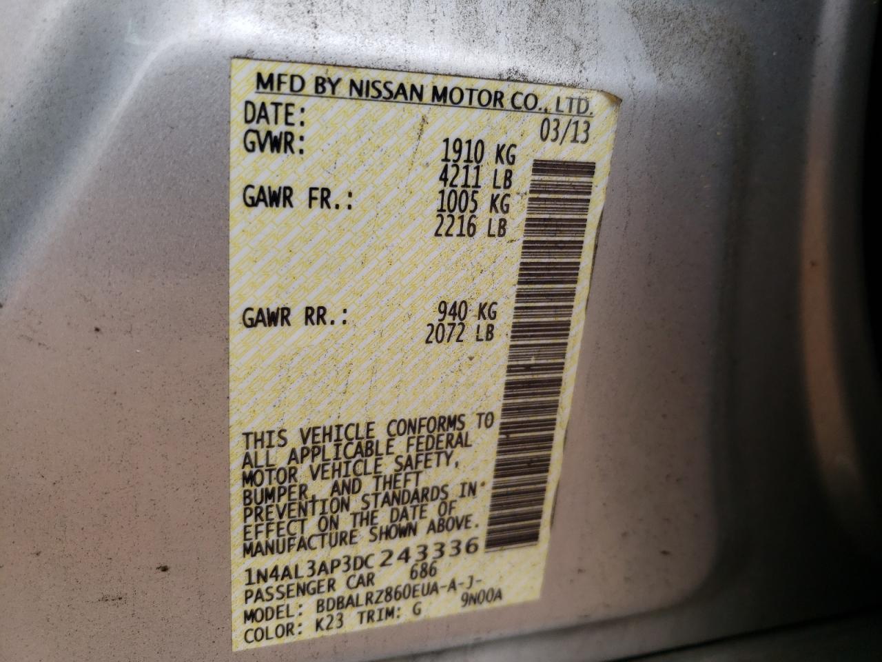 Photo 10 from auction – 2013 NISSAN ALTIMA 2.5 with VIN 1N4AL3AP3DC243336