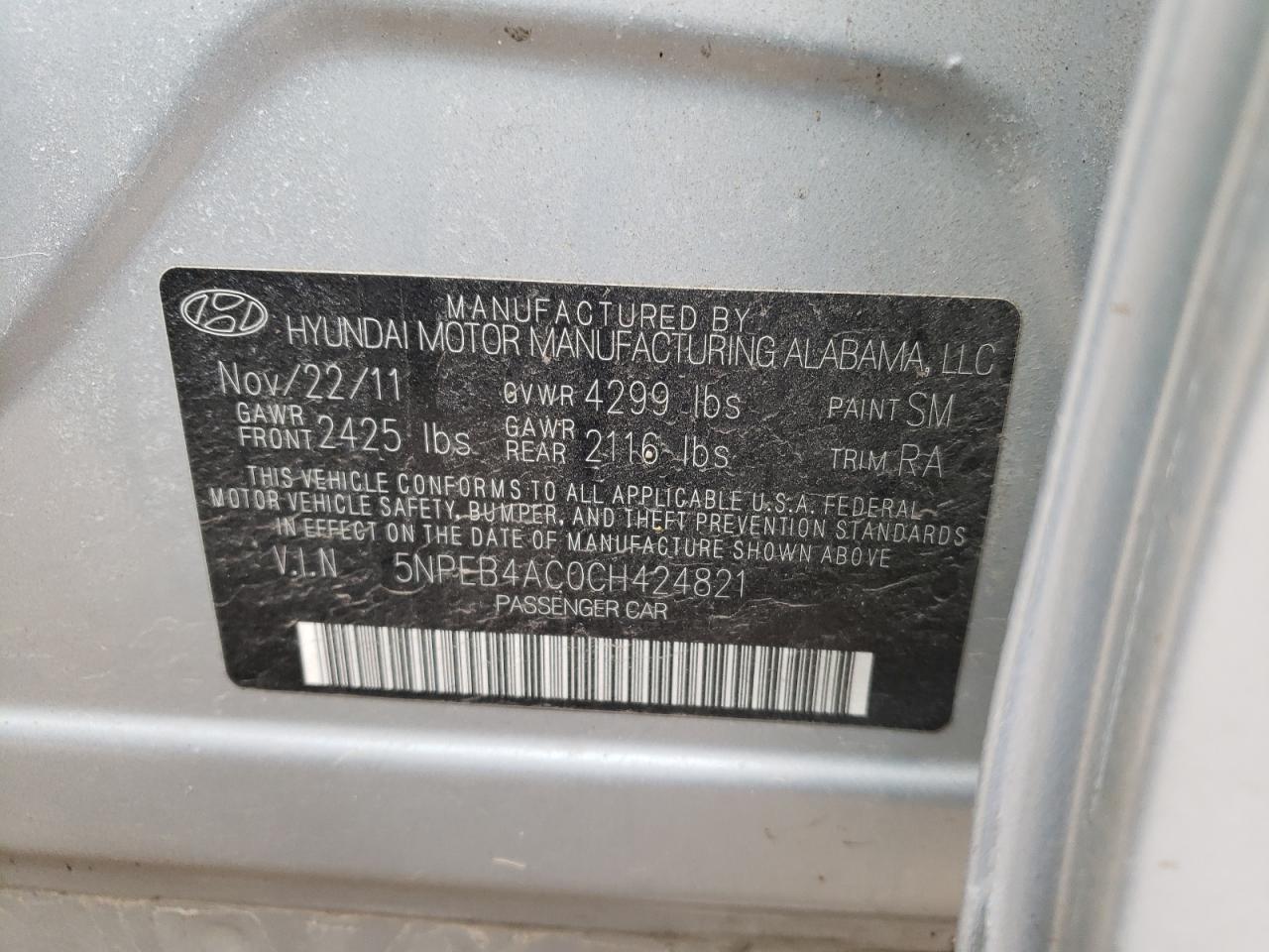 Photo 10 from auction – 2012 HYUNDAI SONATA GLS with VIN 5NPEB4AC0CH424821