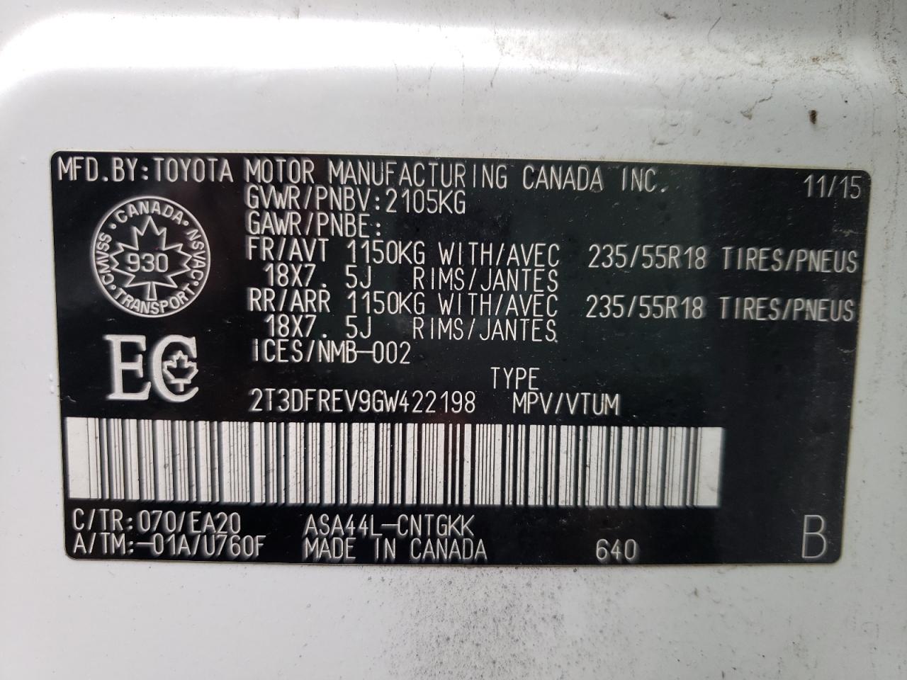 Photo 10 from auction – 2016 TOYOTA RAV4 LIMIT with VIN 2T3DFREV9GW422198