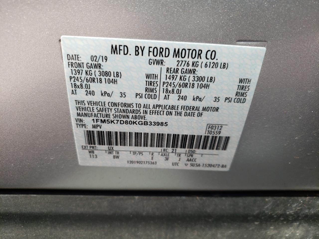 Photo 10 from auction – 2019 FORD EXPLORER X with VIN 1FM5K7D80KGB33985