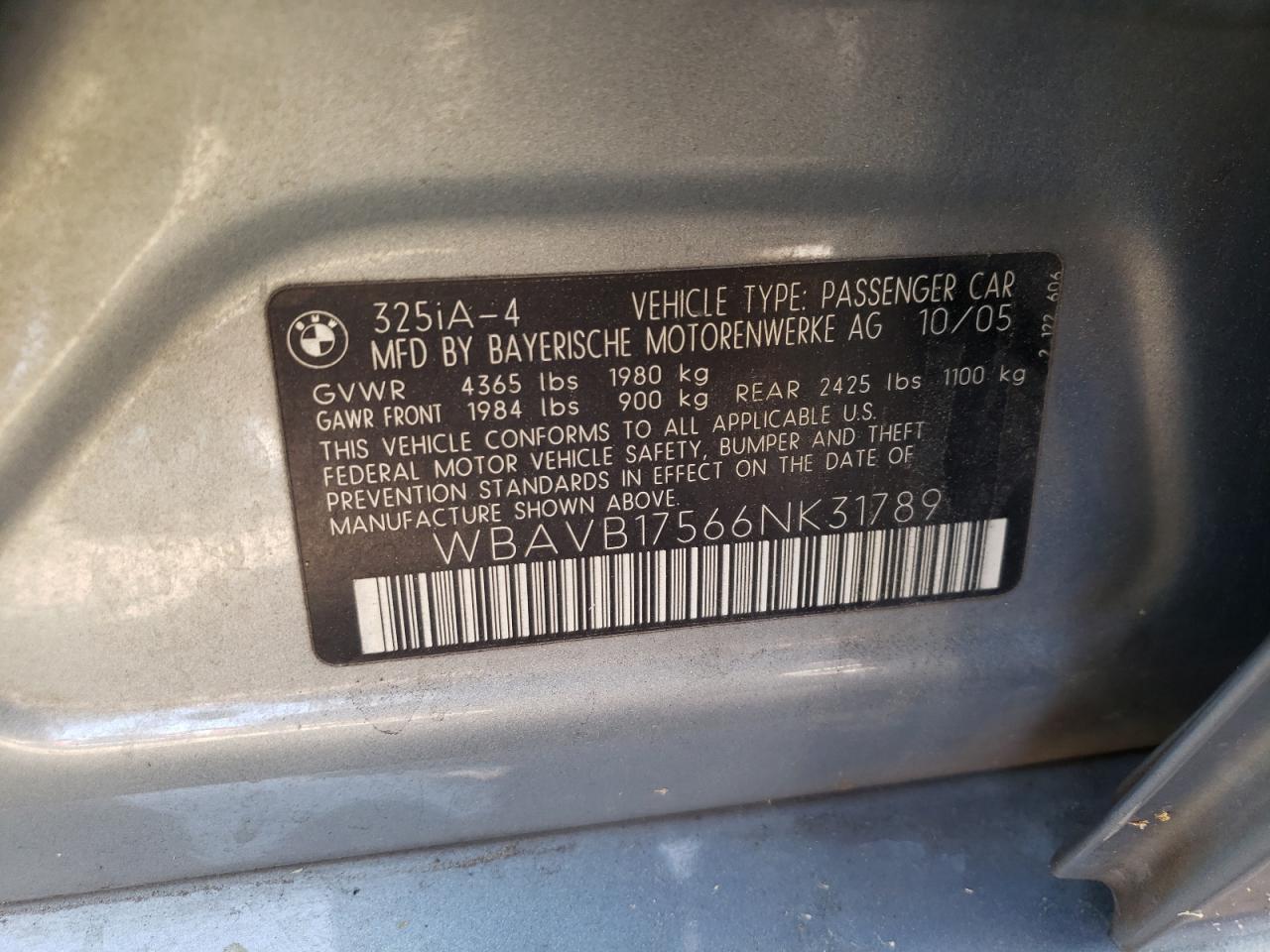 Photo 10 from auction – 2006 BMW 325 I AUTO with VIN WBAVB17566NK31789