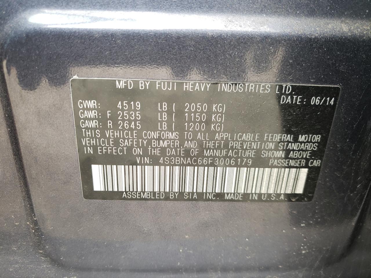 Photo 10 from auction – 2015 SUBARU LEGACY 2.5 with VIN 4S3BNAC66F3006179
