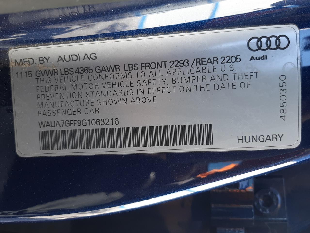 Photo 10 from auction – 2016 AUDI A3 PREMIUM with VIN WAUA7GFF9G1063216