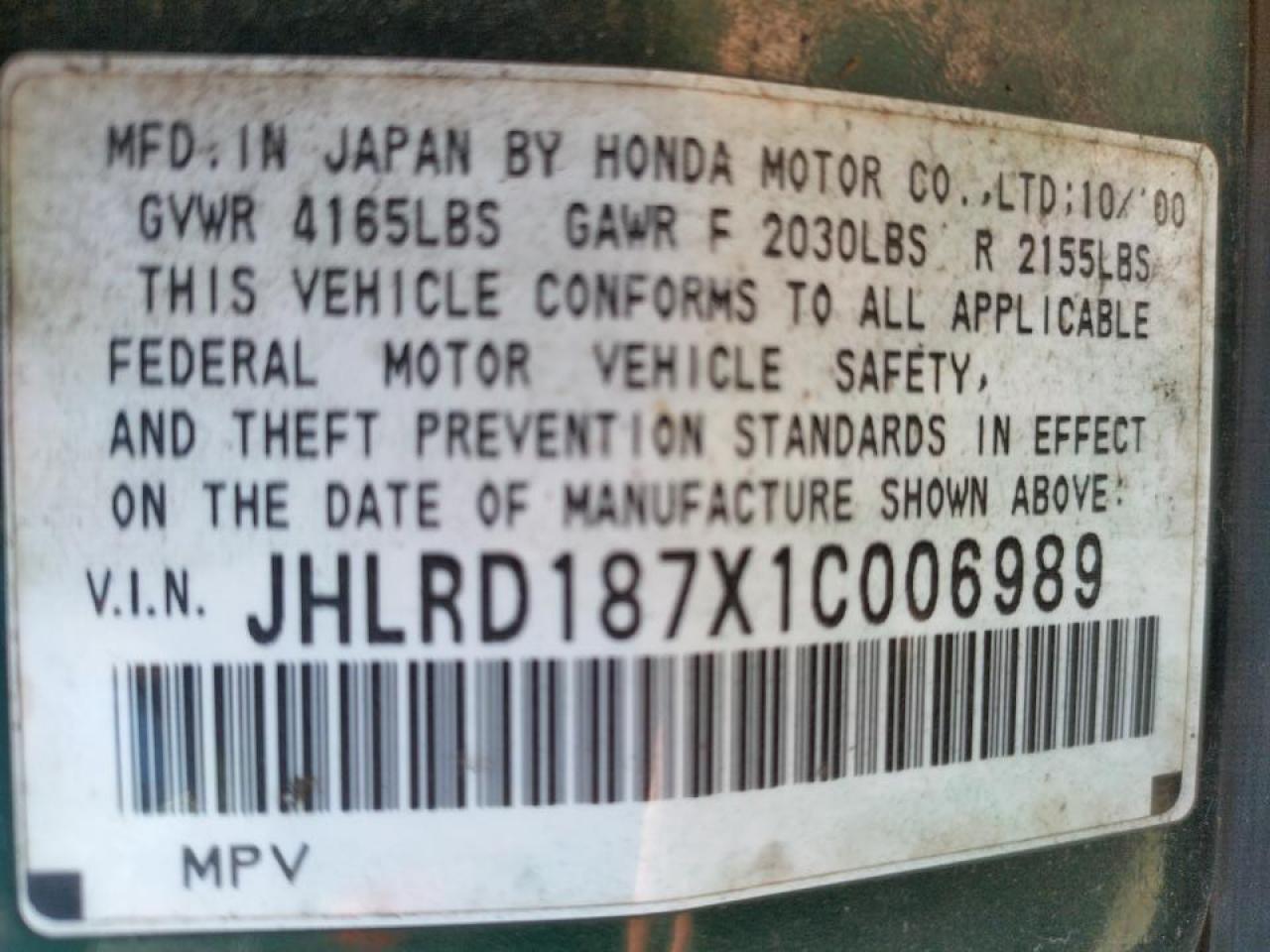 Photo 10 from auction – 2001 HONDA CR-V SE with VIN JHLRD187X1C006989