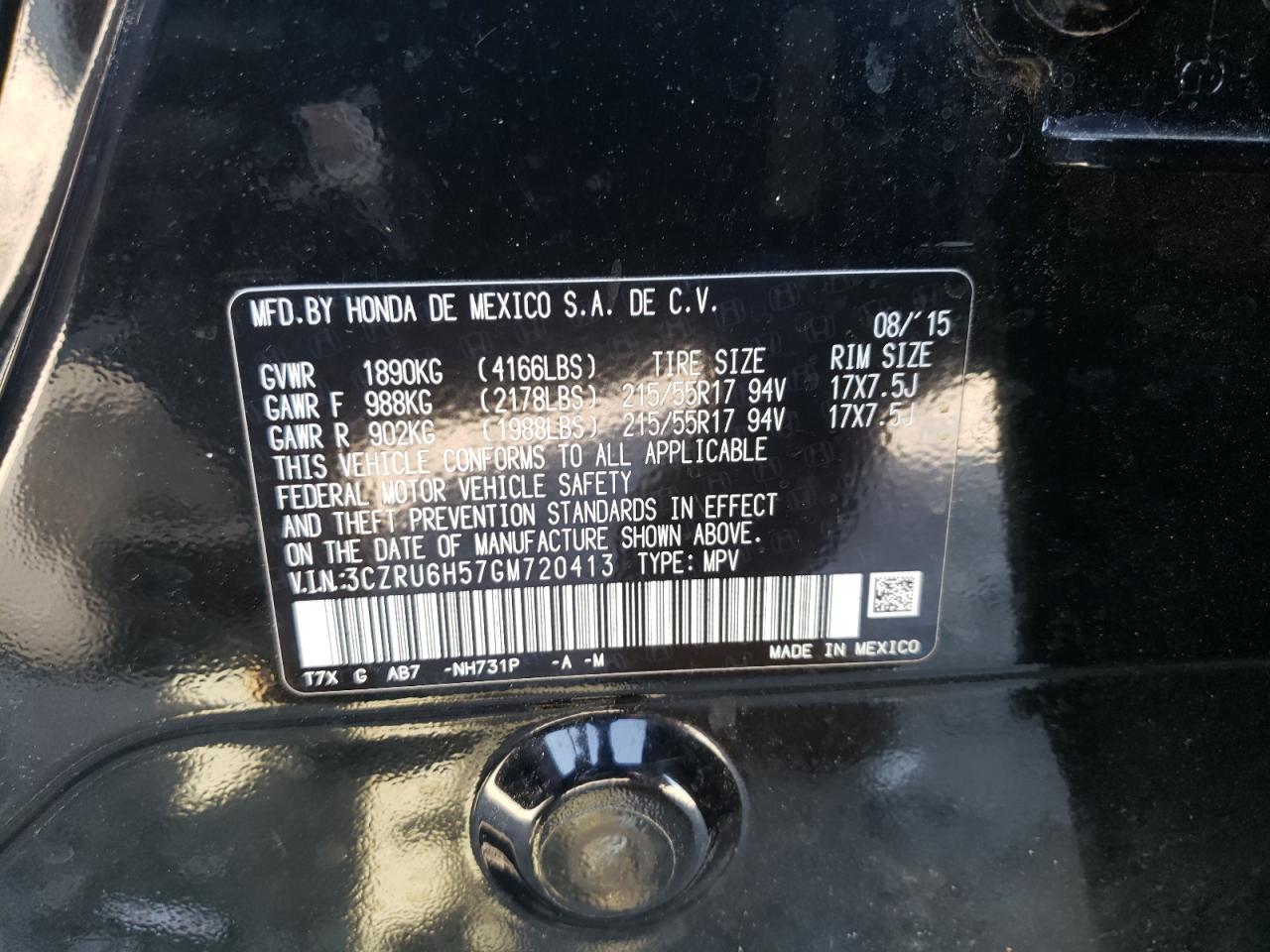 Photo 10 from auction – 2016 HONDA HR-V EX with VIN 3CZRU6H57GM720413