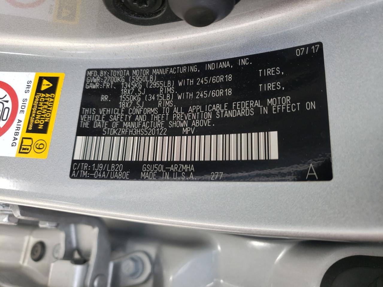 Photo 10 from auction – 2017 TOYOTA HIGHLANDER with VIN 5TDKZRFH3HS520122