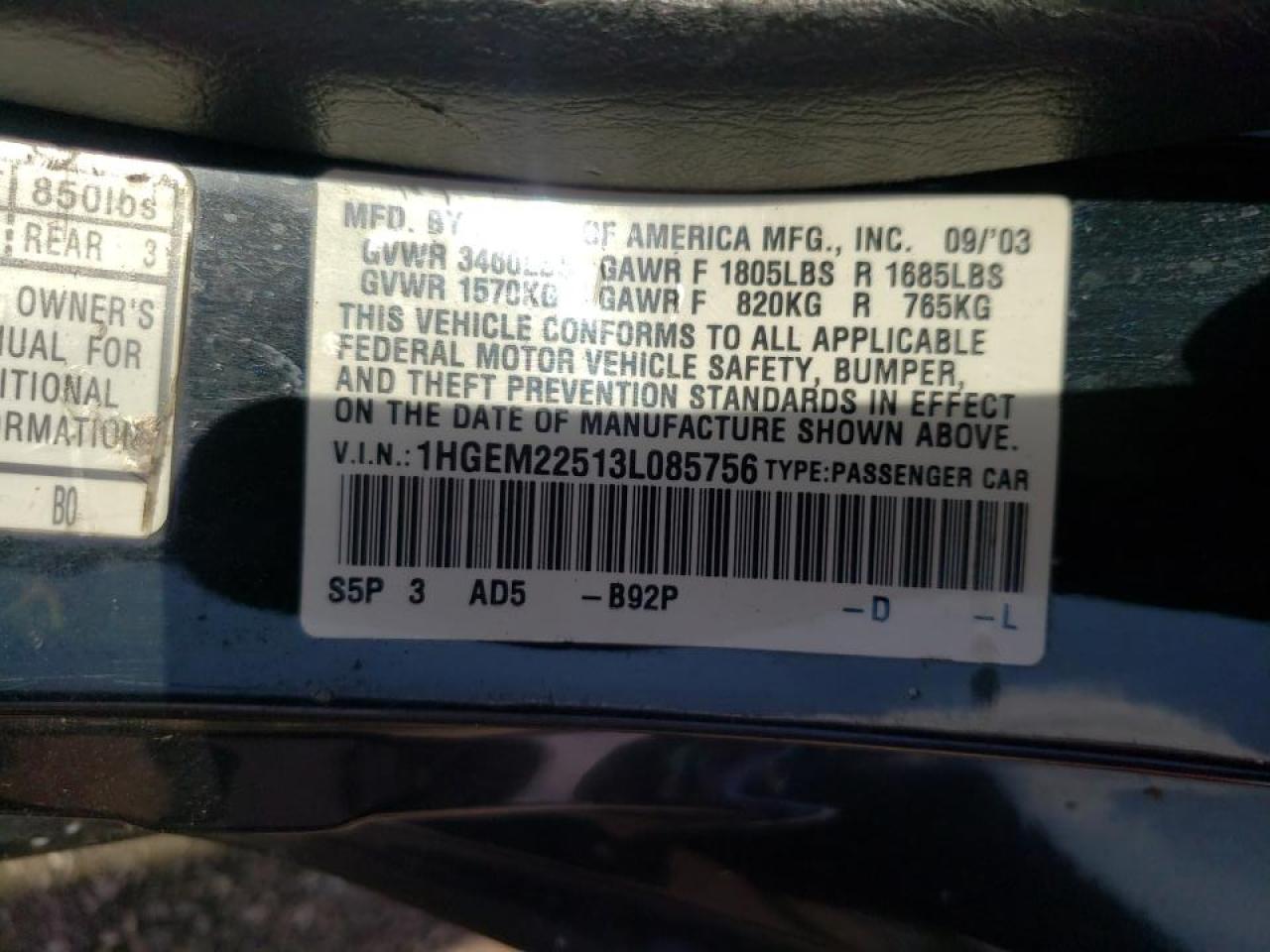 Photo 10 from auction – 2003 HONDA CIVIC LX with VIN 1HGEM22513L085756