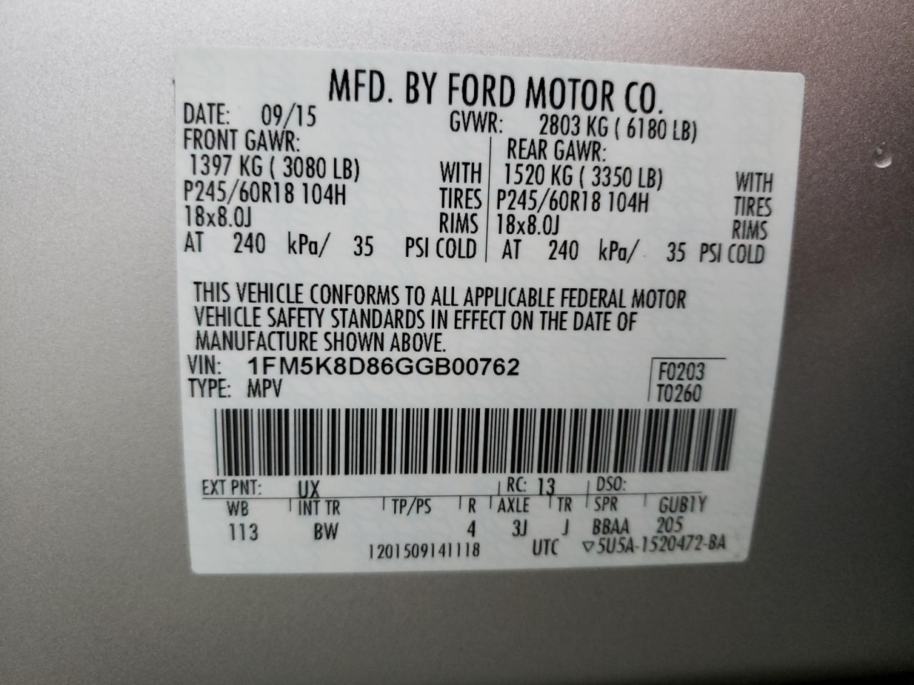 Photo 10 from auction – 2016 FORD EXPLORER X with VIN 1FM5K8D86GGB00762