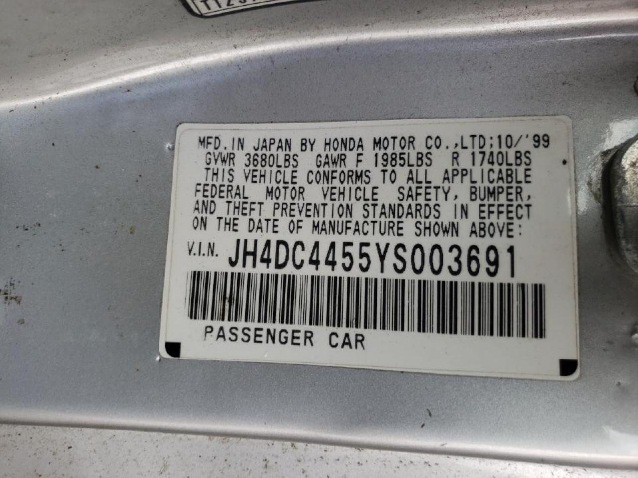 Photo 10 from auction – 2000 ACURA INTEGRA with VIN JH4DC4455YS003691